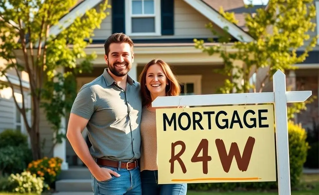 A joyful couple in front of their home with a mortgage sign.