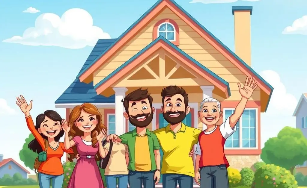 A cartoon of a family celebrating in front of their new home.