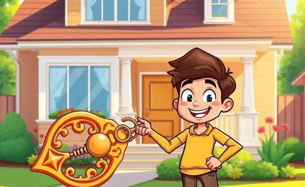A content homebuyer holding a key in front of a new house.