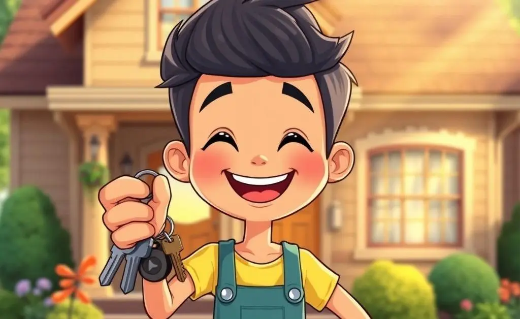 A cartoon-style person happily holding new house keys against a background of a cozy home.