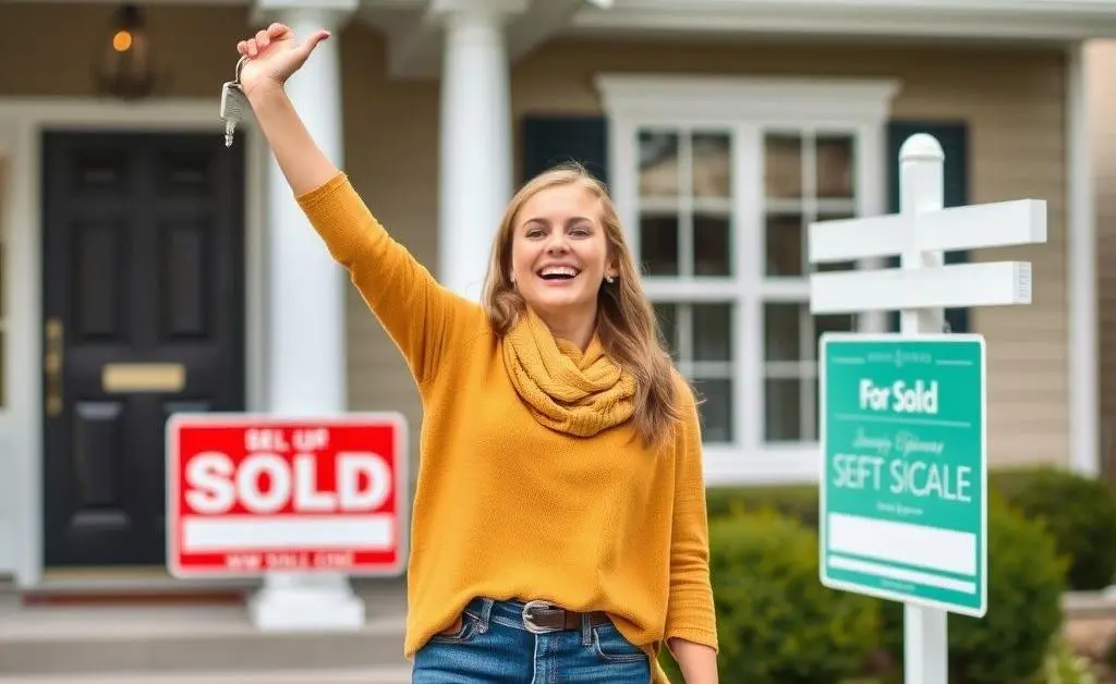 A joyful homebuyer with a key in front of a sold sign