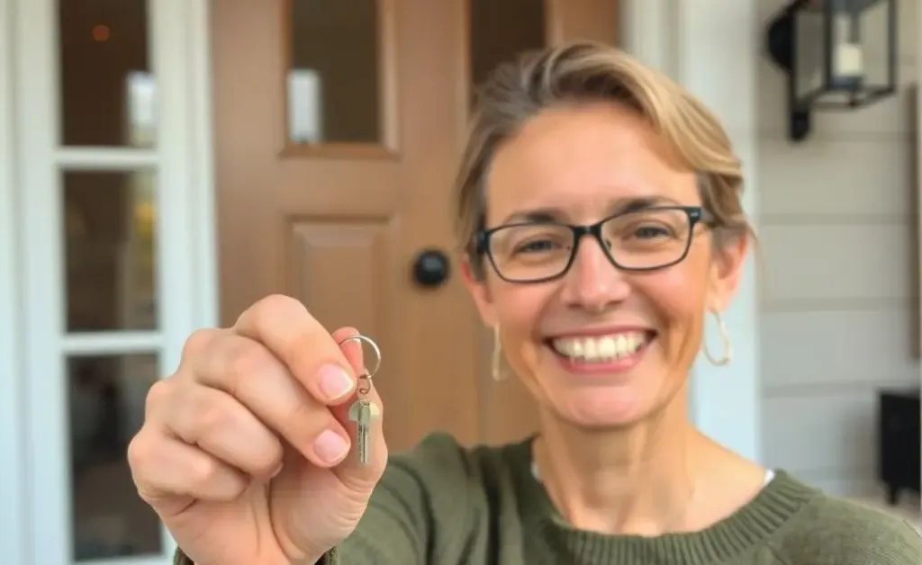 A person with a joyful expression holding a house key
