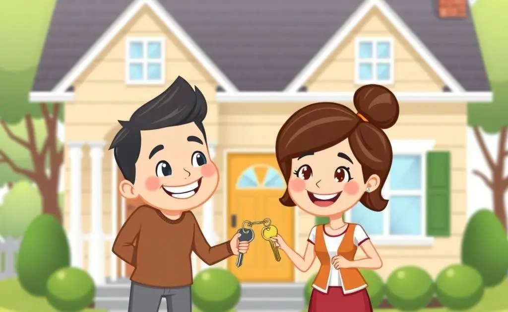 A smiling cartoon-style couple holding keys to their new home in front of a small, welcoming house.