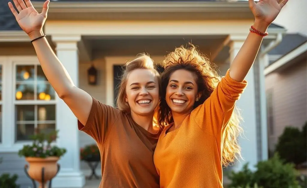 Two friends celebrating in front of their new home, feeling proud after learning about mortgage strategies.