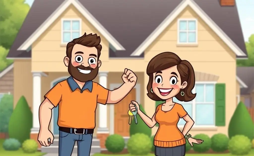 Happy homeowners with a mortgage document standing in front of their home.