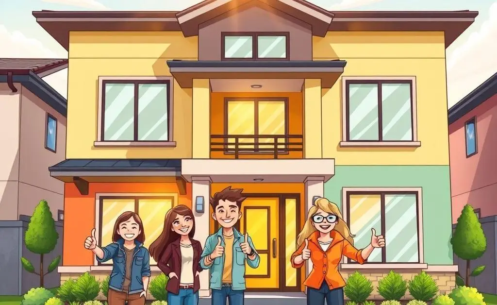 A cartoon image of happy homebuyers standing in front of a new house