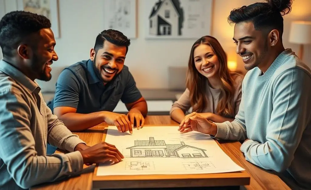 A small group sitting around a table, smiling and pointing at house plans, illustrating a successful negotiation.