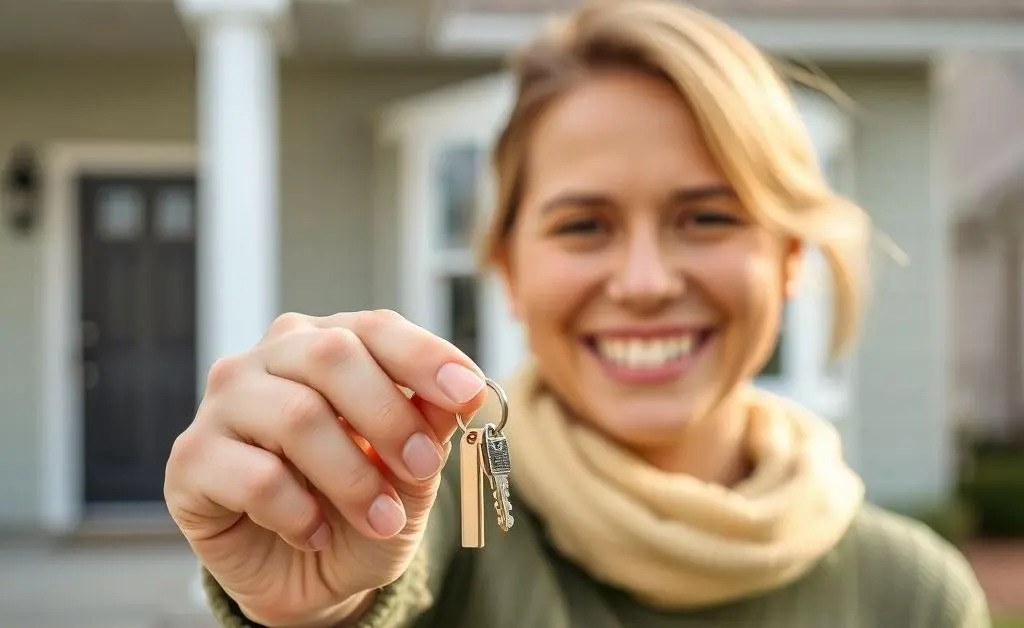 A smiling person holding keys to a new house