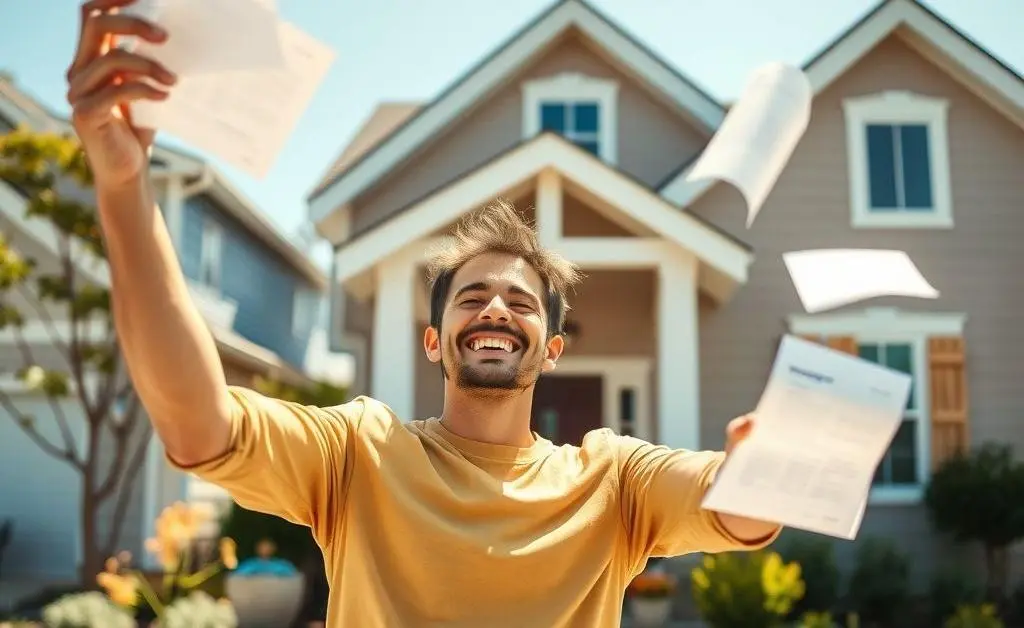 A happy homeowner smiling in front of their new house, tossing mortgage papers in the air