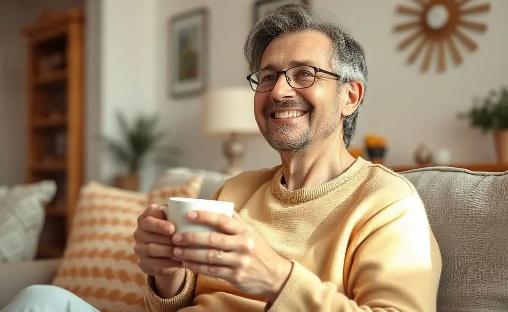 A cheerful homeowner holding a cup, looking relaxed in their living room