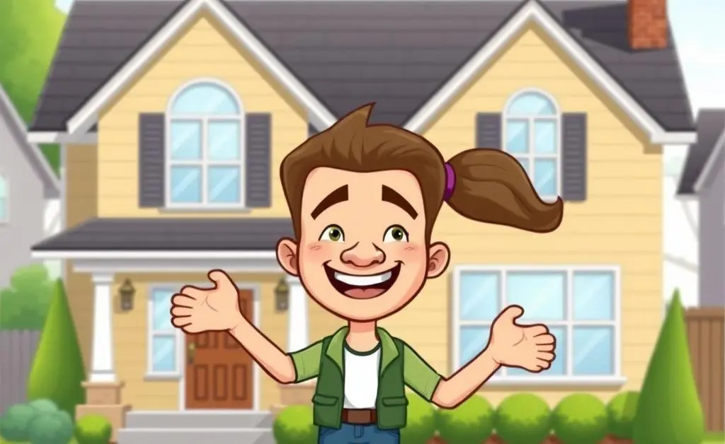 A cartoon-like image of a smiling homeowner in front of their new house, possibly holding keys and showing excitement.