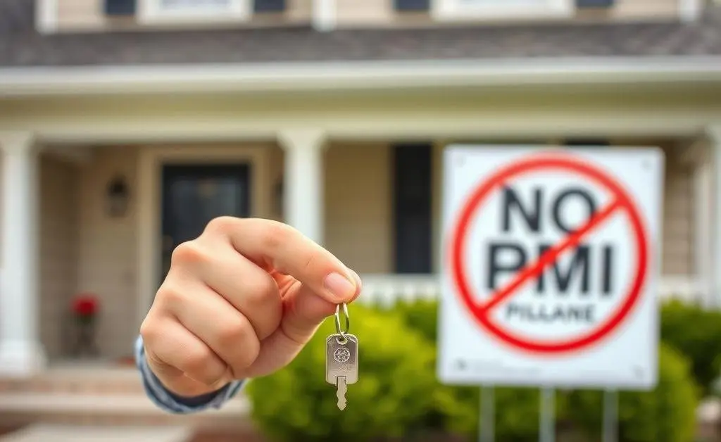 A new homeowner holding a key in front of a house with a 'No PMI' sign