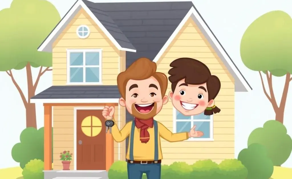 Illustration of a joyful homeowner standing in front of a small house, holding keys with a big smile.