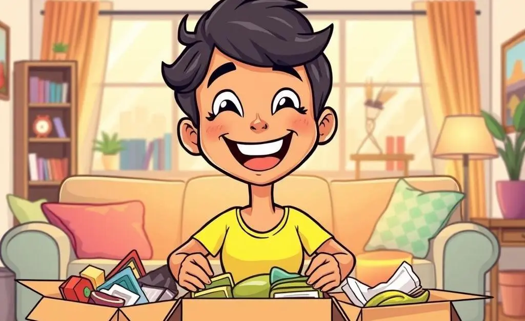 Cartoon illustration of a happy homeowner unpacking boxes, relieved from financial burden.