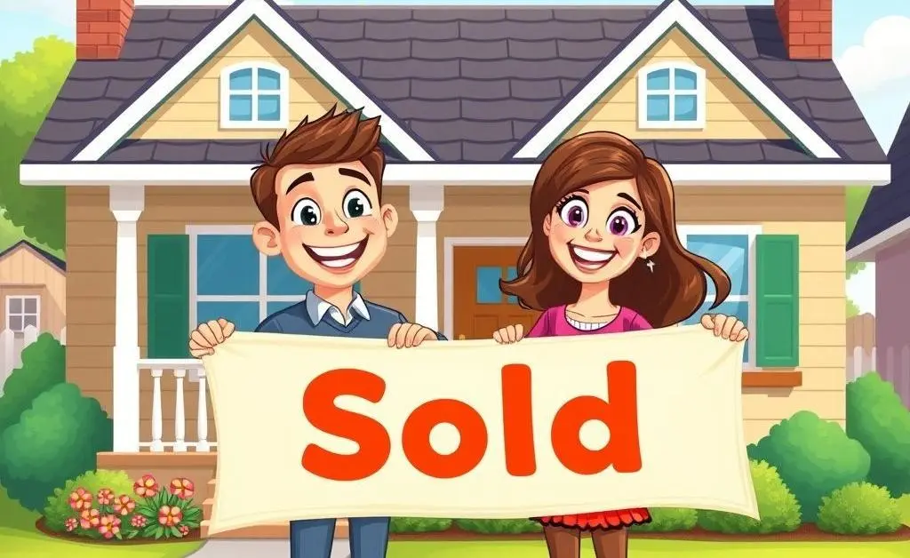 A happy couple holding a 'Sold' sign