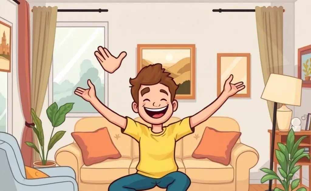A happy homeowner decorating their living room