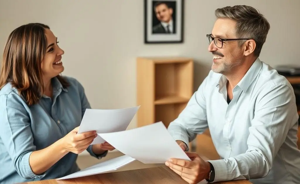 A couple sitting at a table with papers, appearing happy and engaged in a discussion about mortgages.