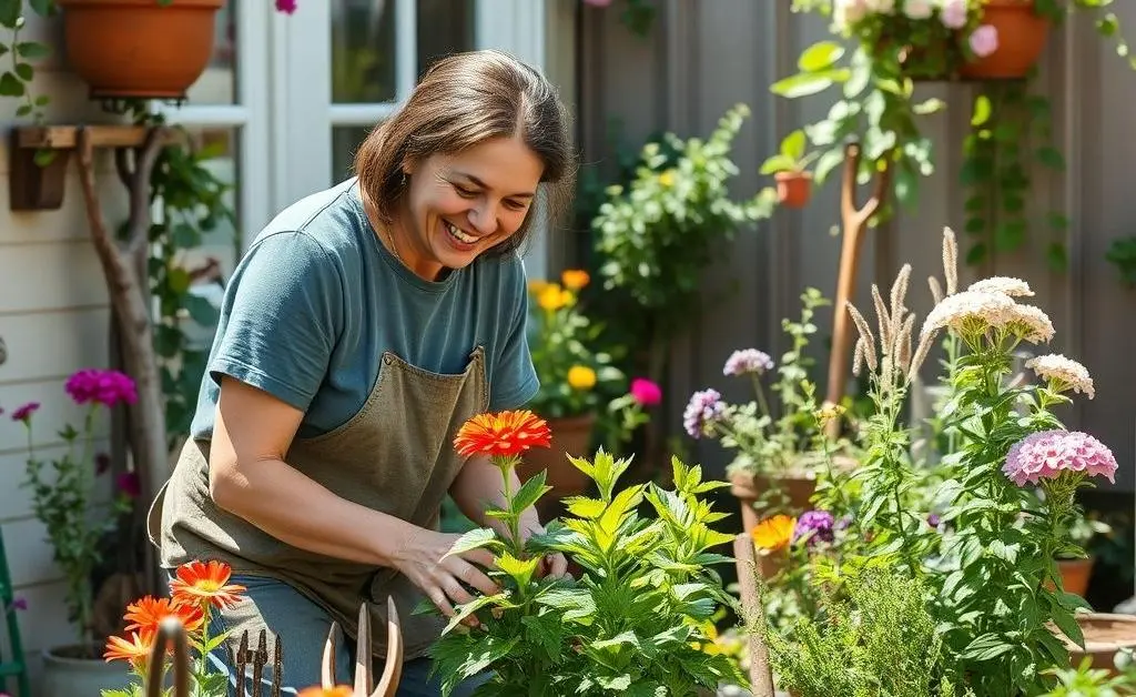 A joyful homeowner gardening in a small backyard, cultivating a personal outdoor space.