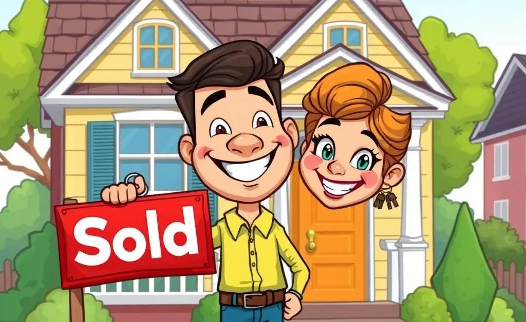 An upbeat, cartoon-style homeowner holding keys with a 'sold' sign outside a house.