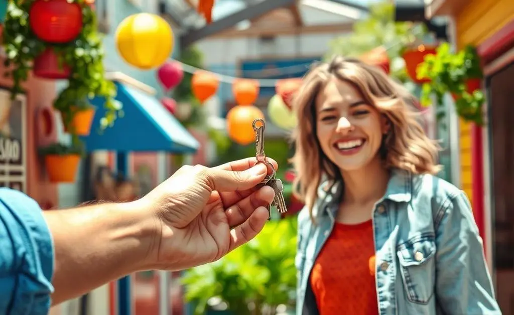 Hand giving house keys to a smiling individual in a vibrant setting