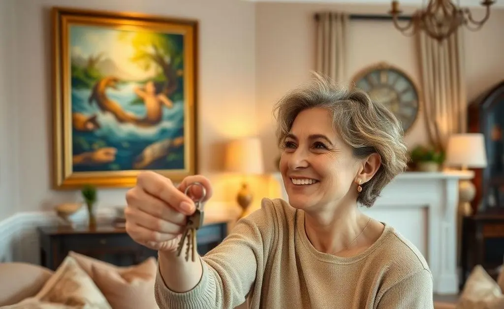 A joyful homeowner looking at keys in a well-decorated room