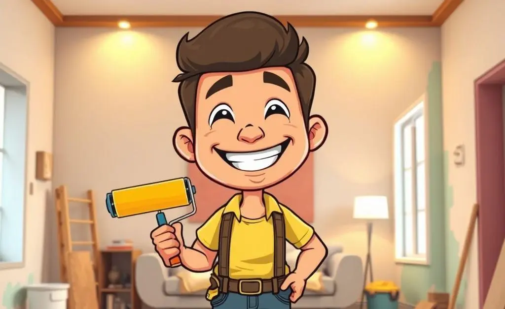 A smiling cartoon homeowner standing in a partially renovated living room holding a paint roller