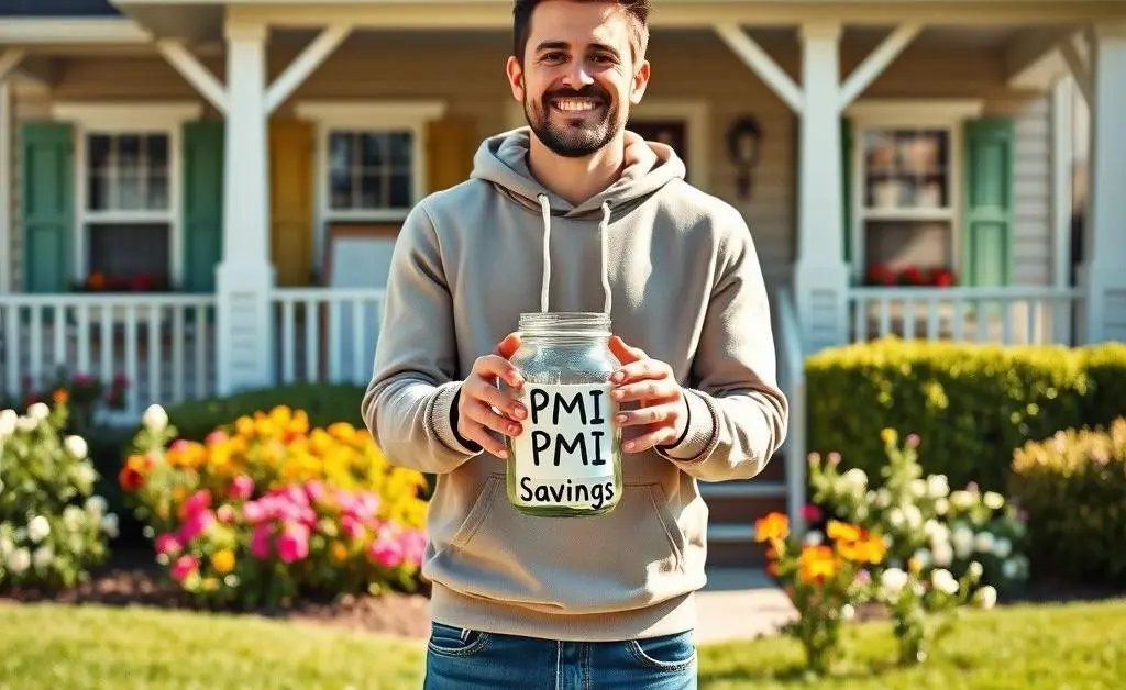 A person holding a jar labeled 'PMI Savings' while standing in front of their house.