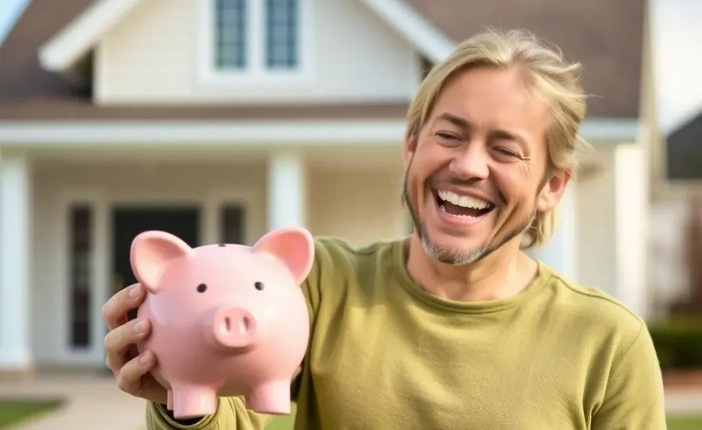 A happy homeowner holding a piggy bank