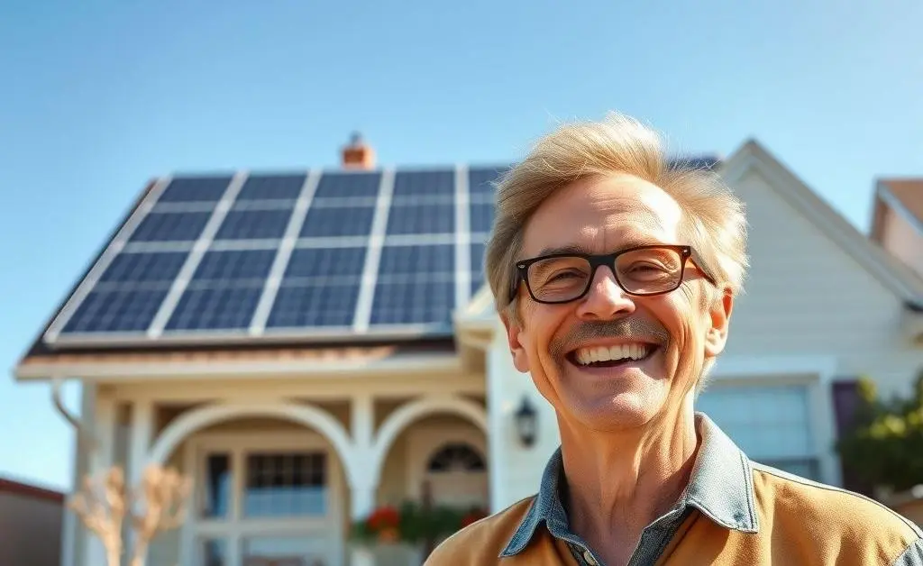 A happy homeowner with solar panels on their house