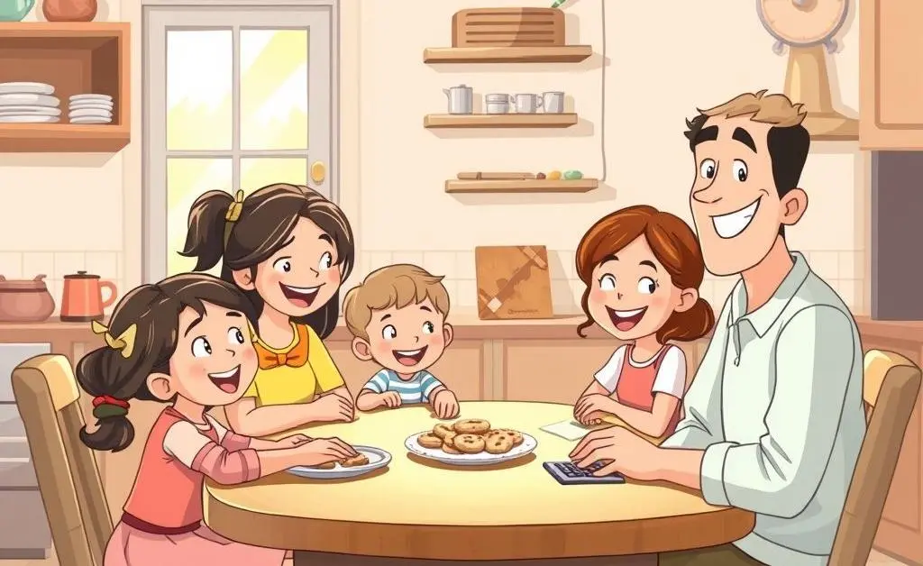 Cartoon image of a happy family sitting together at a cozy kitchen table, planning their home budget.