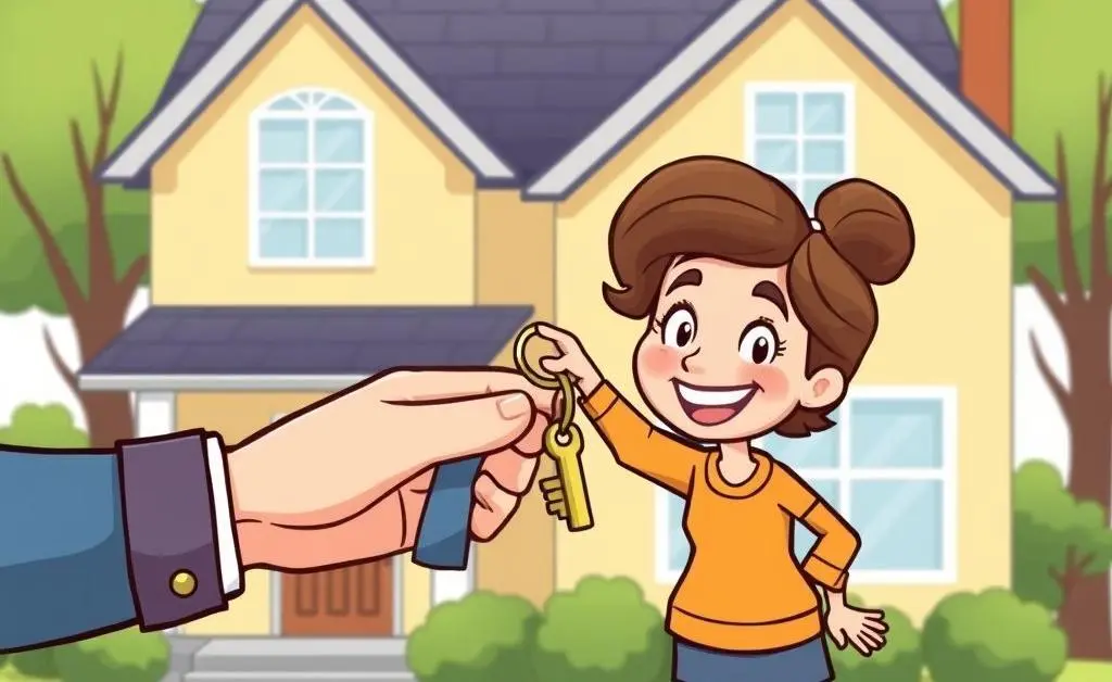 A happy homeowner receiving keys to a new house.