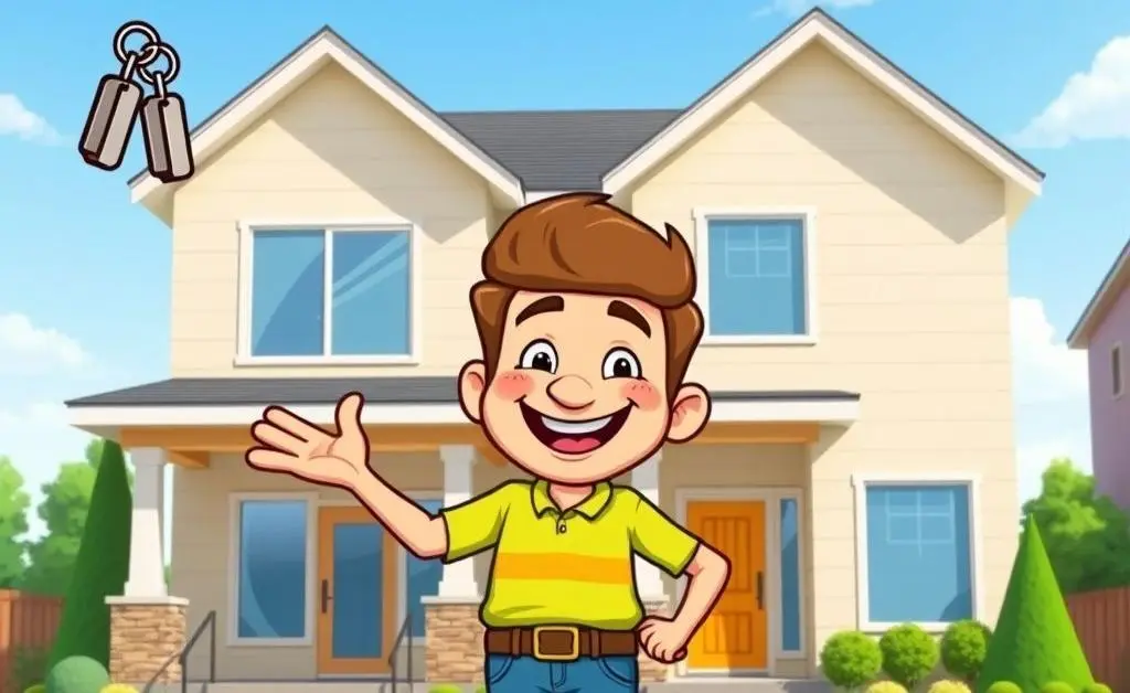 Cartoon-style happy homeowner holding a set of house keys in front of a new home.
