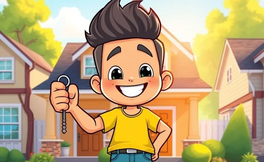 A person happily holding house keys in front of a new home.