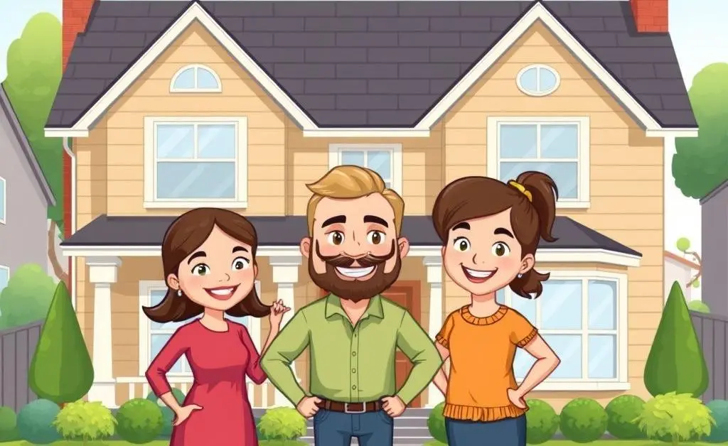 Cartoon-style happy homeowners standing in front of their home