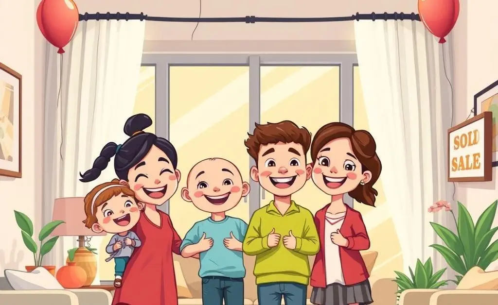 Cartoon-style happy family in a new home, symbolizing successful sale