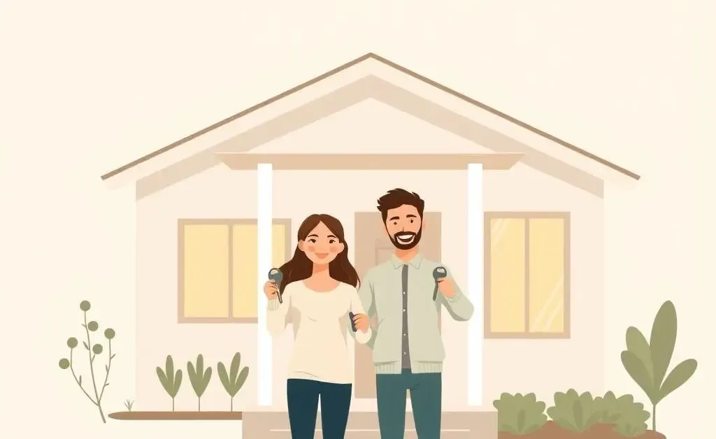 Happy homeowners standing in front of their house.