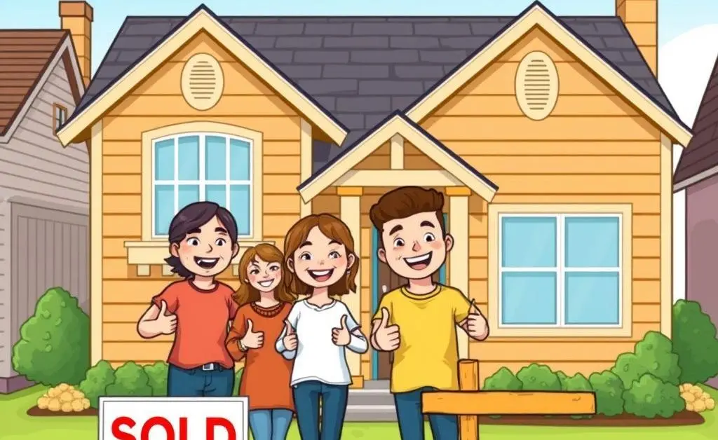 Homeowners smiling with thumbs-up in front of house