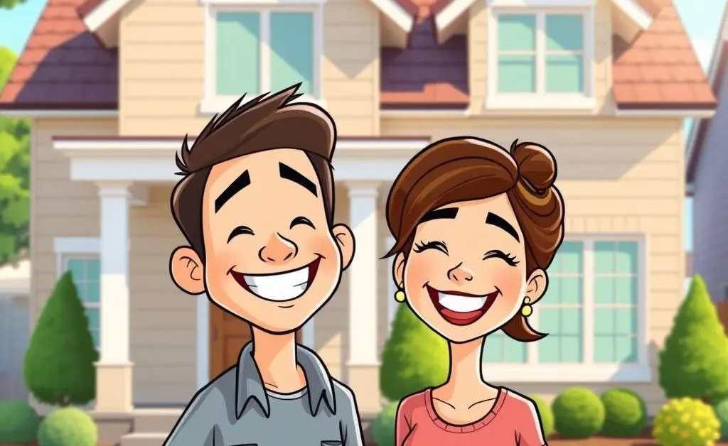 Cartoon of a happy couple standing confidently in front of their newly renovated home.