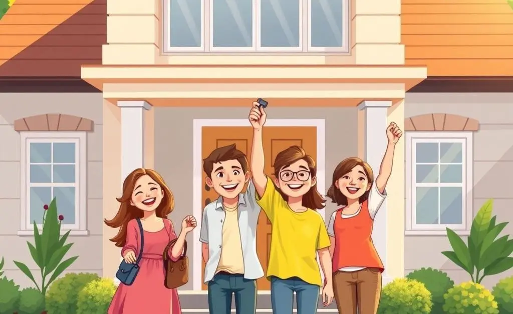 A cartoon of a family happily holding keys in front of a new house