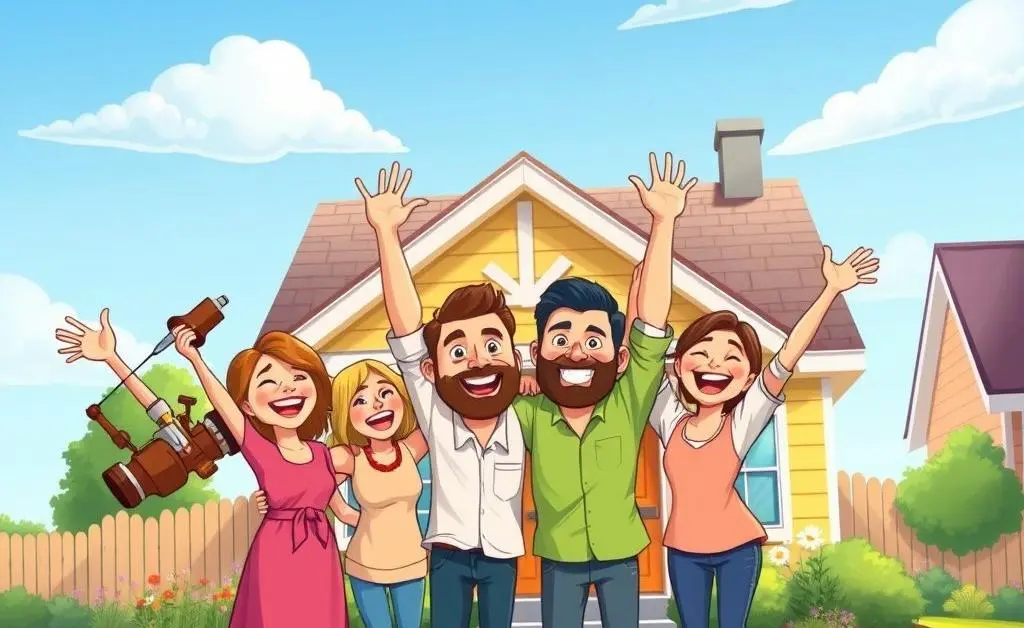 A cartoon-style image of happy homeowners celebrating without PMI.