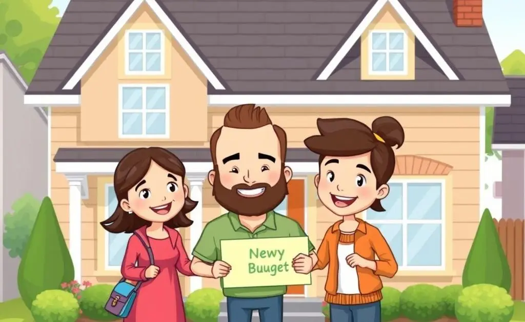 Cheerful cartoon-style new homeowners outside their newly bought house.