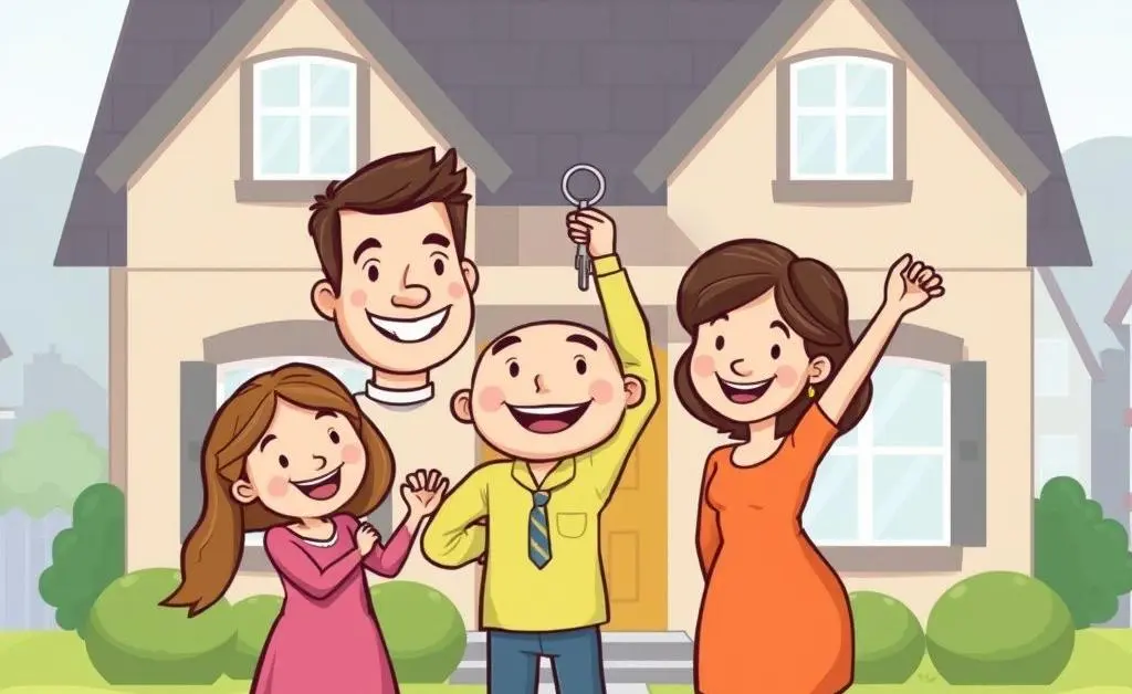 A family celebrating with keys in front of their new home