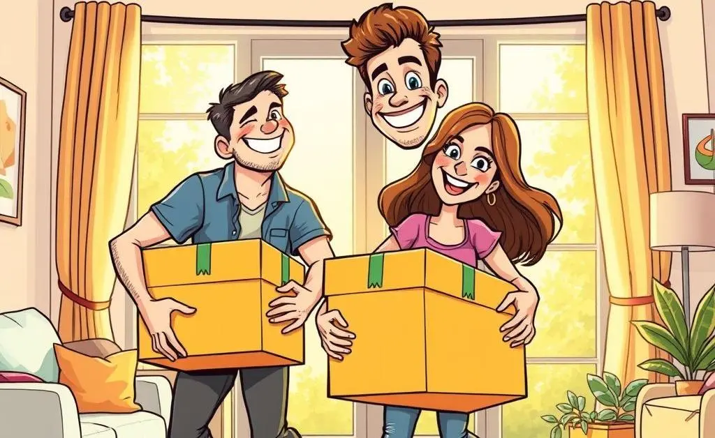 Cartoon-style image of a happy couple moving boxes into their new home.