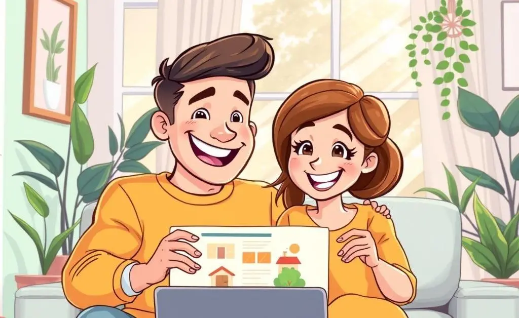 A happy couple looking at house listings on a laptop.