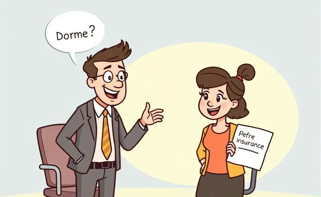 Cartoon of an agent and a customer happily discussing insurance options