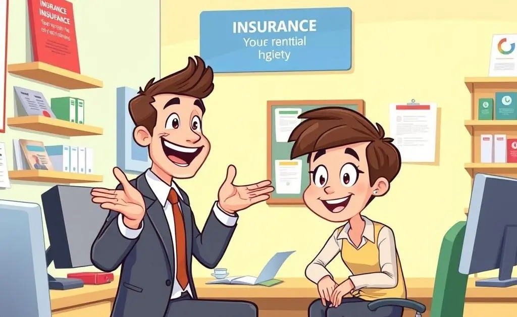 A cartoon-styled insurance agent happily discussing policy details with a customer.
