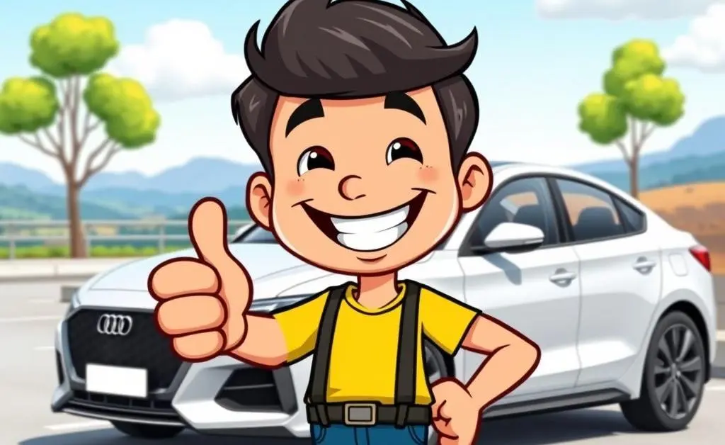 An image of a satisfied, cartoon-styled person holding a car key next to a car with a thumbs-up.