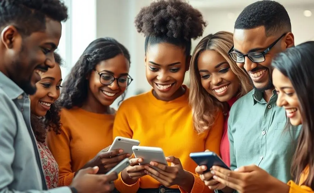 A diverse group of happy customers viewing insurance options on their smartphones.