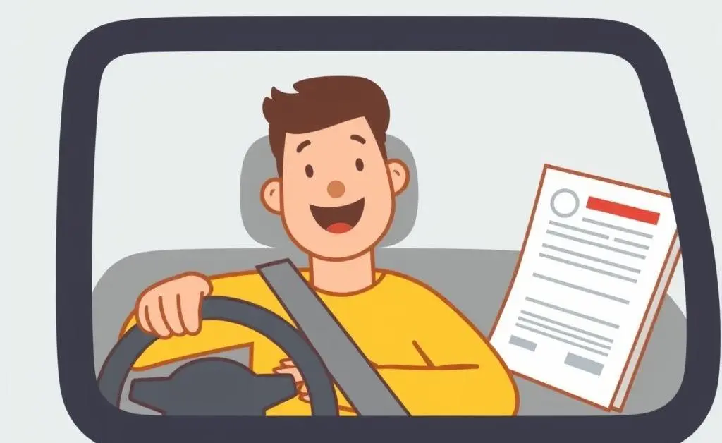 Minimalist illustration of a happy, relaxed driver next to car insurance documents