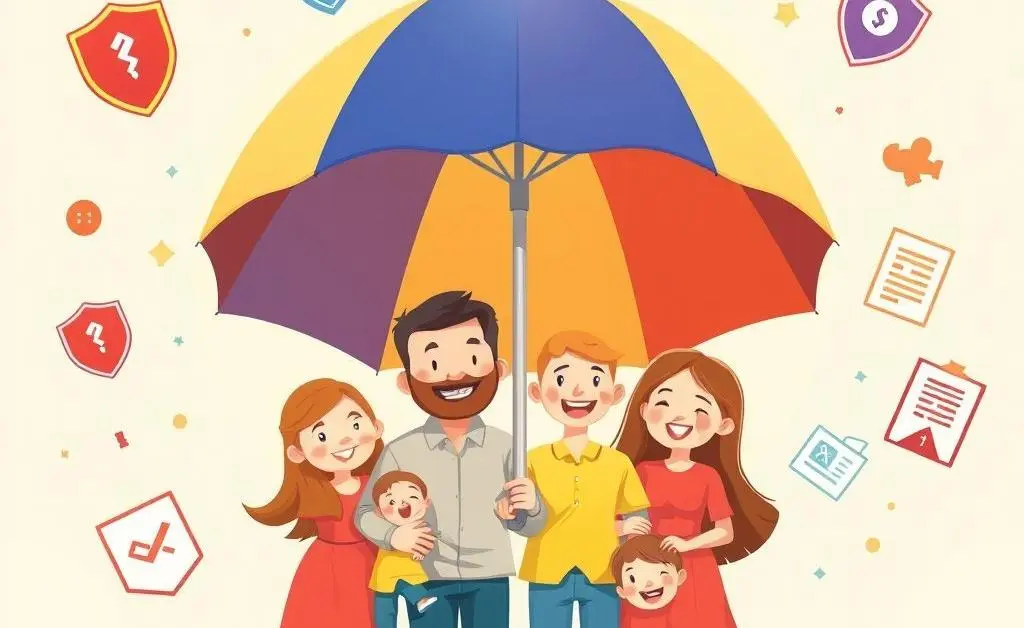 Cartoon of a happy family holding an umbrella with insurance icons around them.